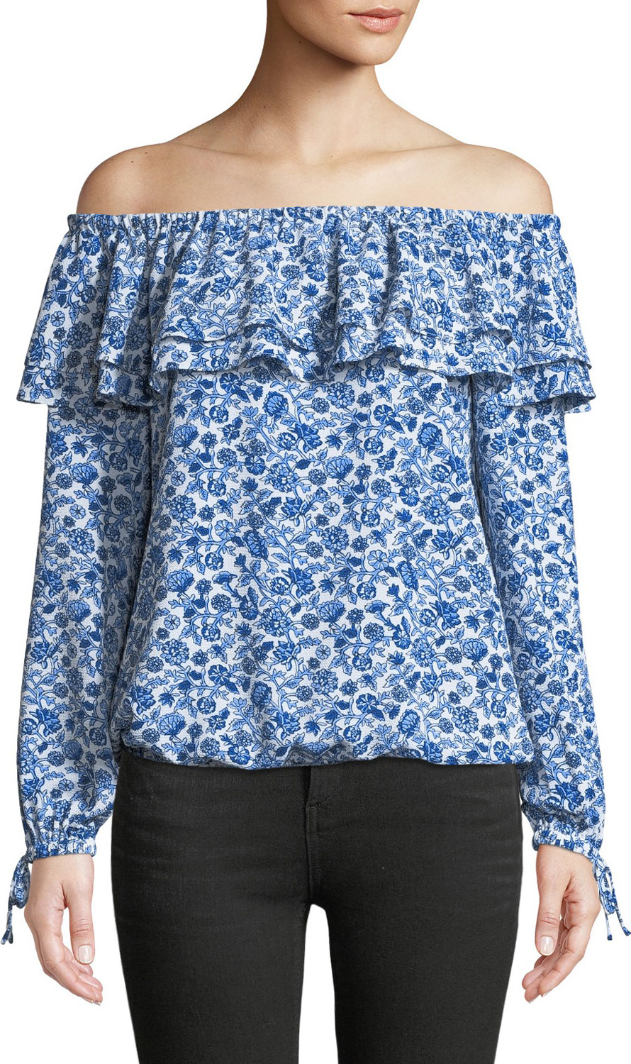 MICHAEL MICHAEL KORS Woodblock Vine Off-the-Shoulder Ruffle Blouse MICHAEL MICHAEL KORS Woodblock Vine Off-the-Shoulder Ruffle Blouse