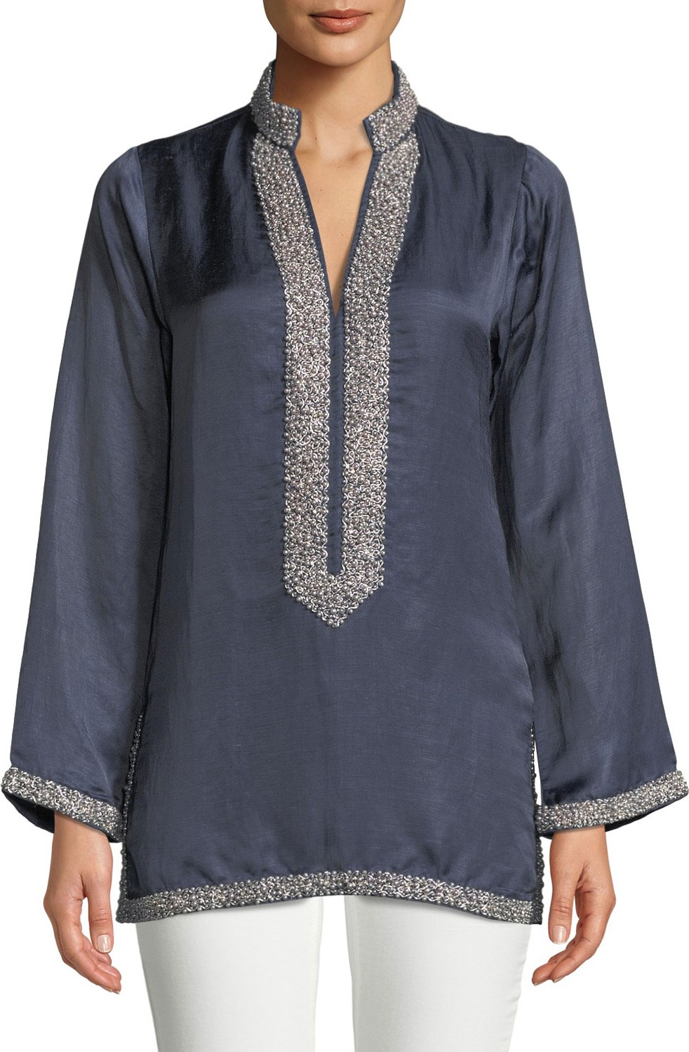 Bella Tu V-Neck Long-Sleeve Pearly Embellished Tunic with Mandarin Collar