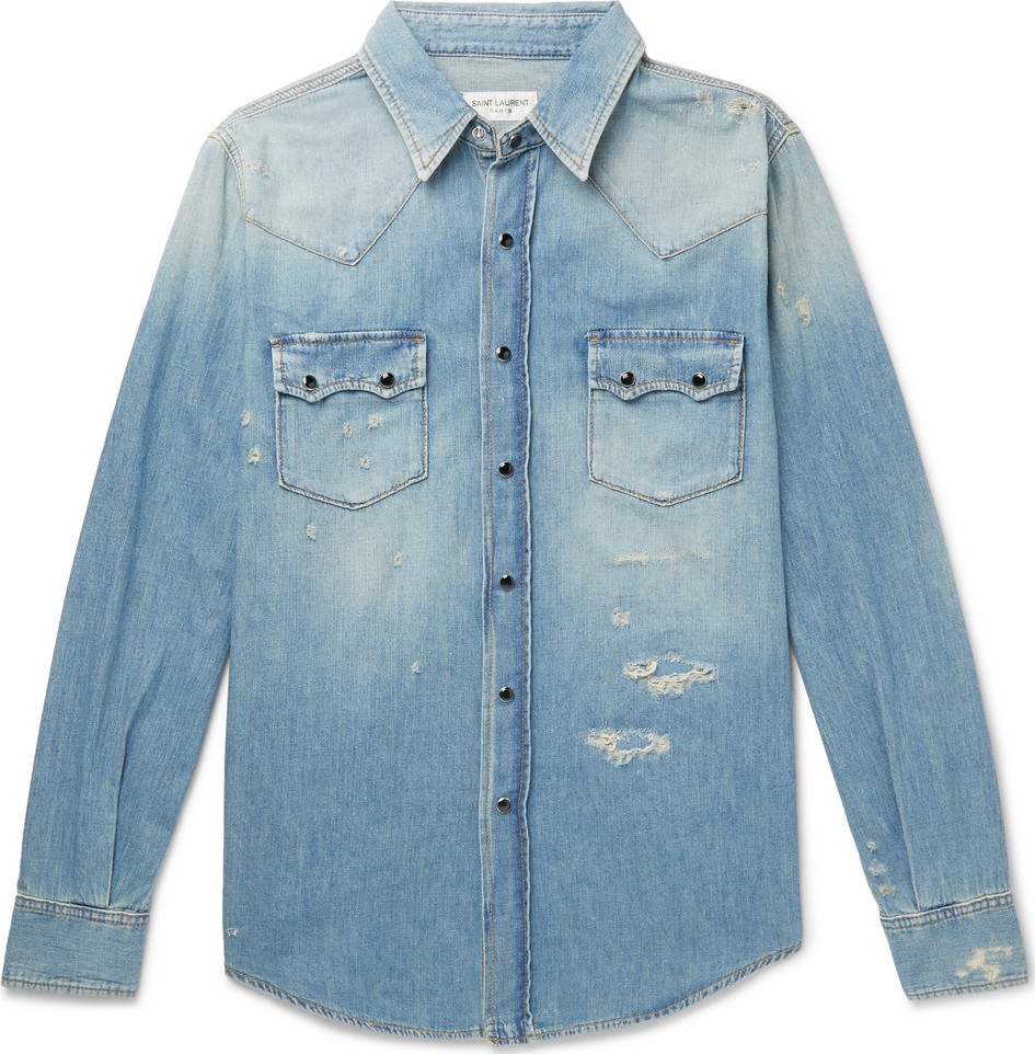 Saint Laurent Slim-Fit Distressed Denim Shirt