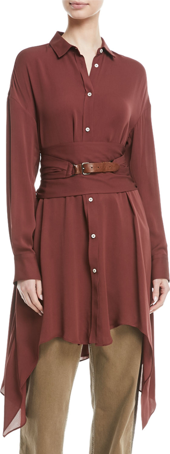 Brunello Cucinelli Long-Sleeve Button-Down Silk Tunic w/ Wrap Belt & Leather Closure