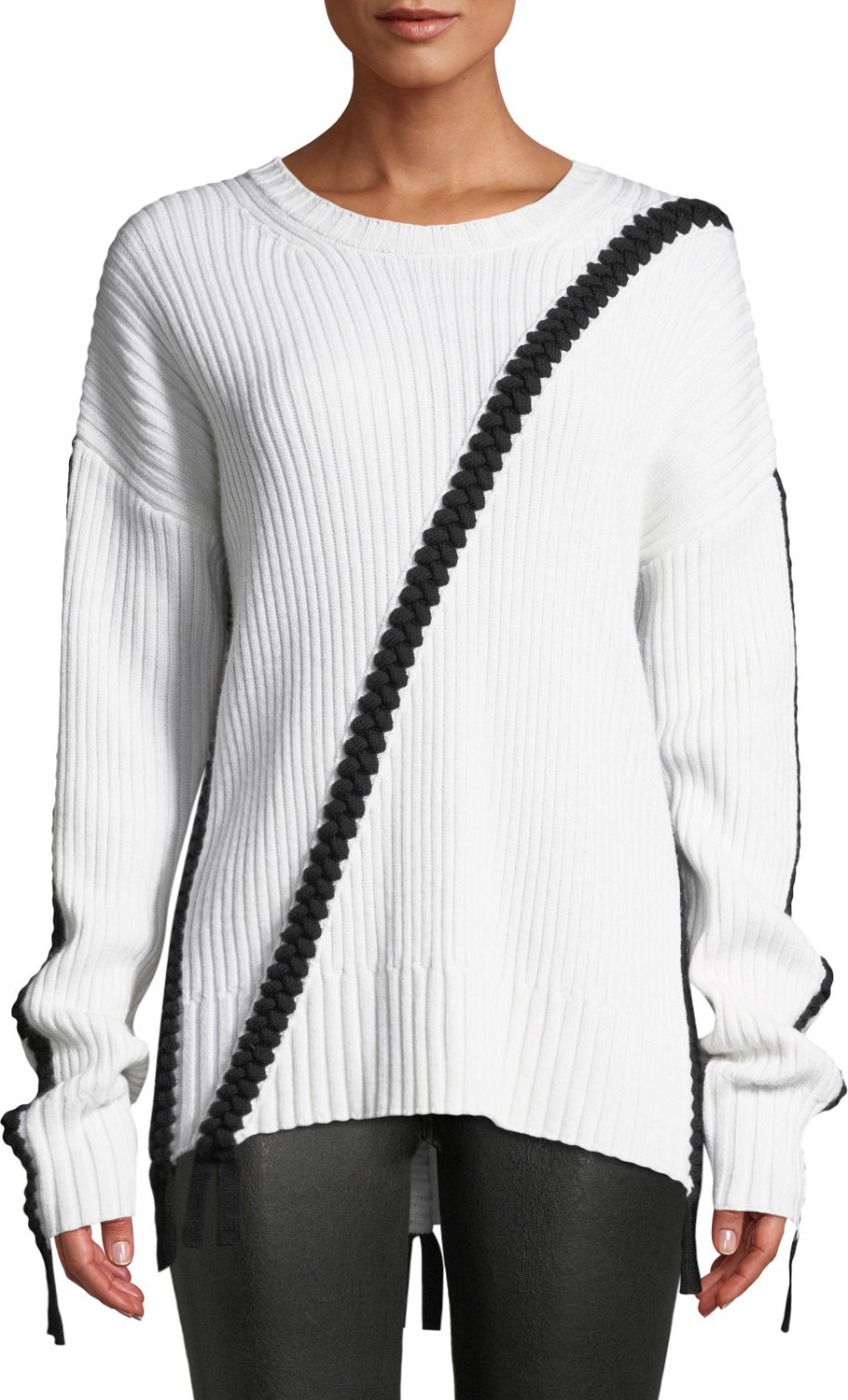 Derek Lam 10 Crosby Ribbed Wool Crewneck Sweater w/ Braided Detail