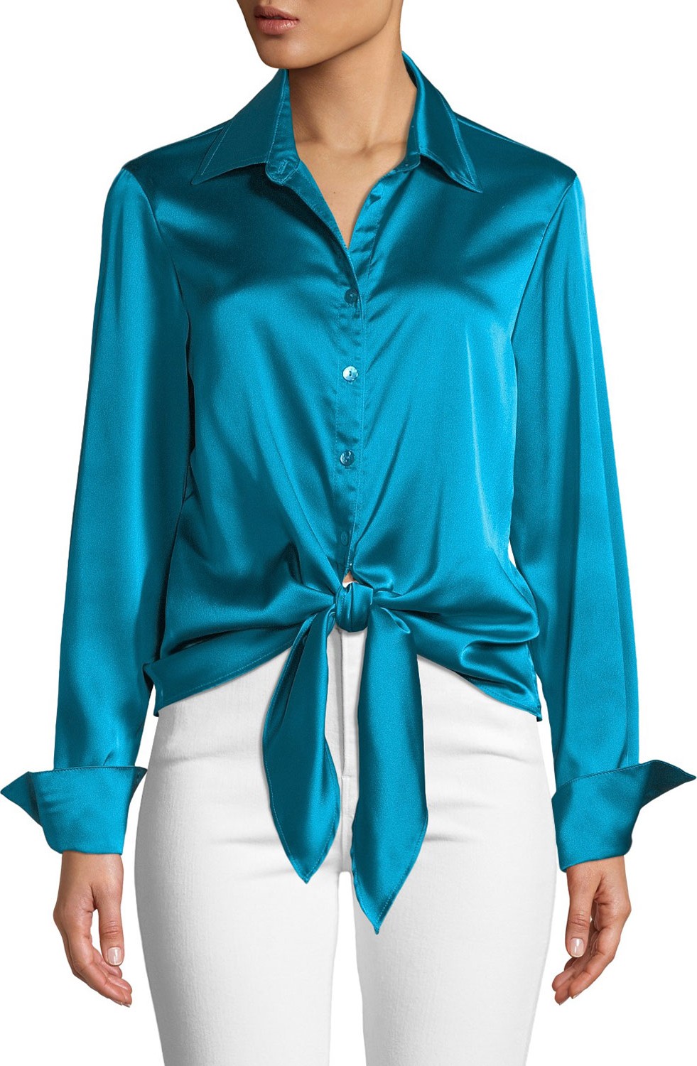 Finley Lindy Button-Front Long-Sleeve Satin Blouse w/ Tie-Front
