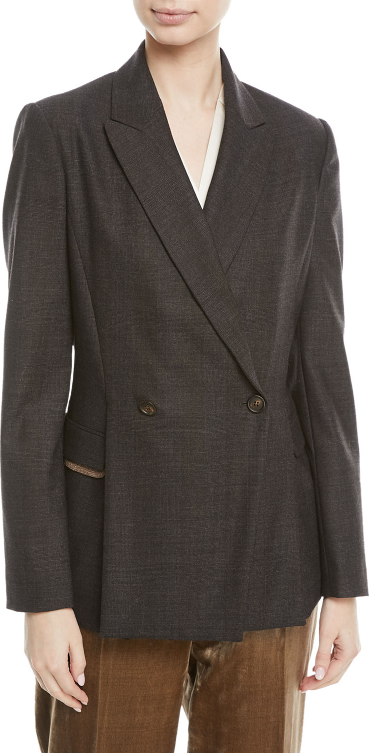 Brunello Cucinelli Double-Breasted Subtle-Plaid Wool Blazer with Monili Pocket