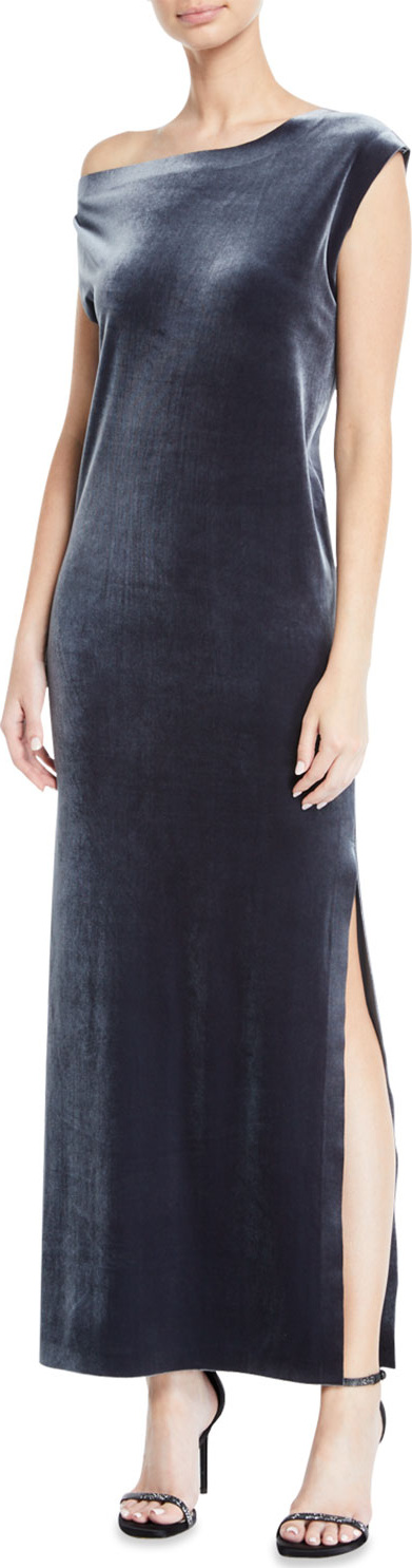 Norma Kamali Velvet Drop-Shoulder Dress, Pewter