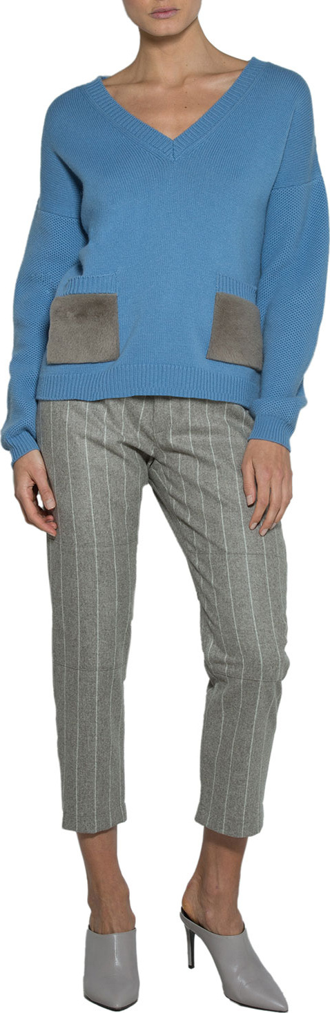 Eleventy V-Neck Sweater with Shearling Fur Pockets
