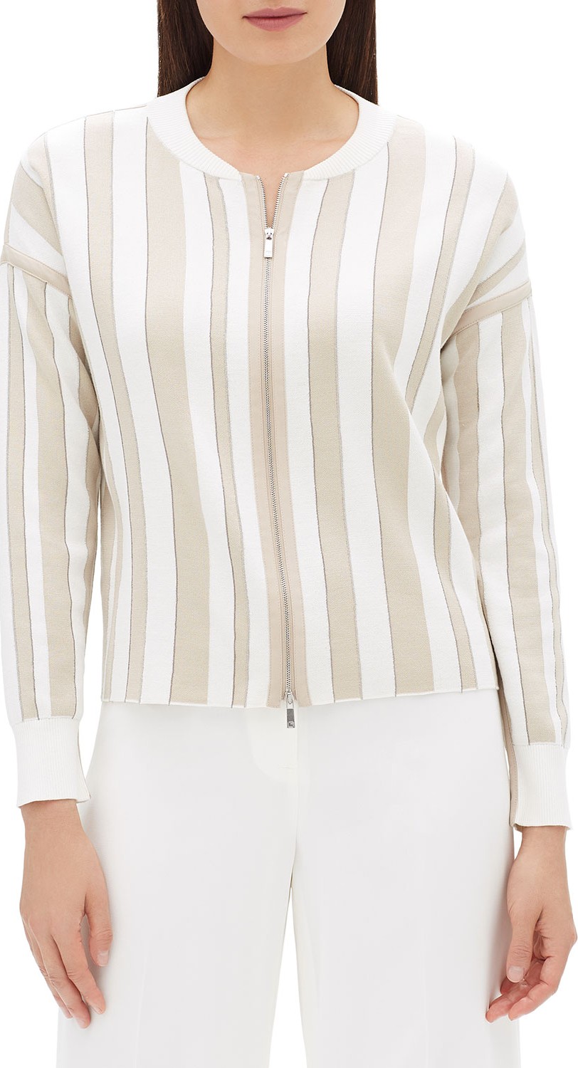 Lafayette 148 New York Zip-Front Striped Jacquard Bomber Jacket with Chain Detail