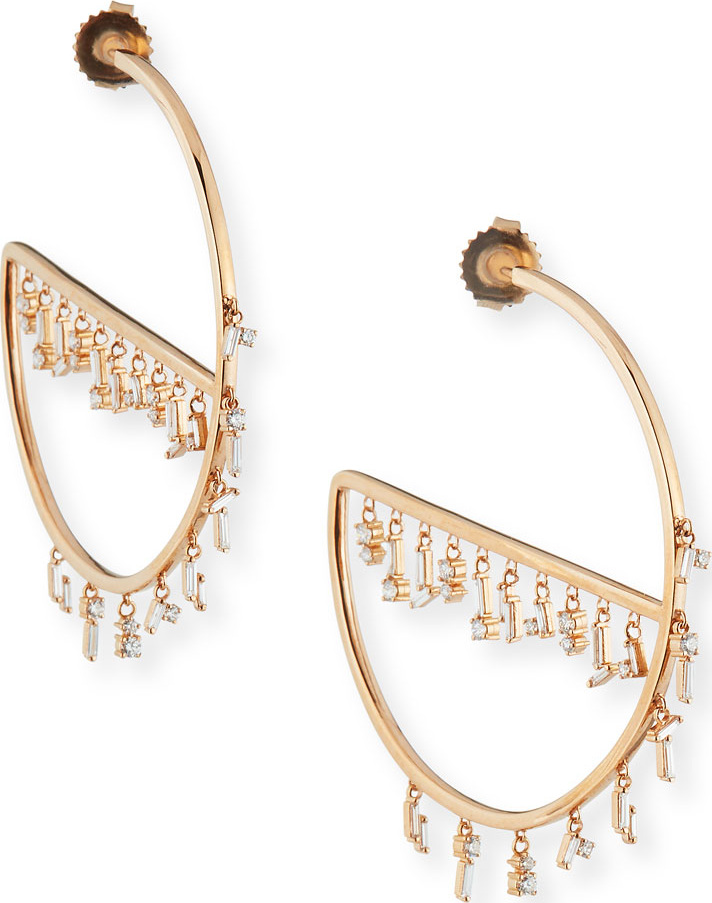 Suzanne Kalan 18k Rose Gold Baguette Diamond Hoop Earrings
