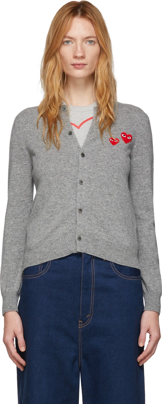 Comme Des Garcons PLAY Grey Wool Double Heart Patch Cardigan