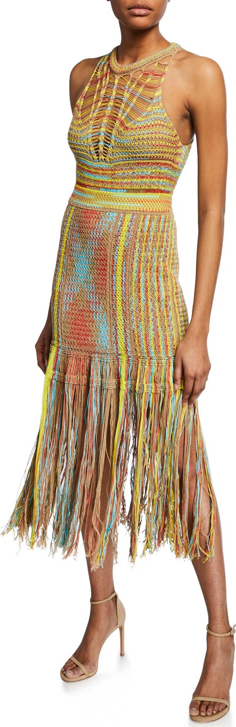 M Missoni Sleeveless Crochet Midi Dress with Fringe Hem
