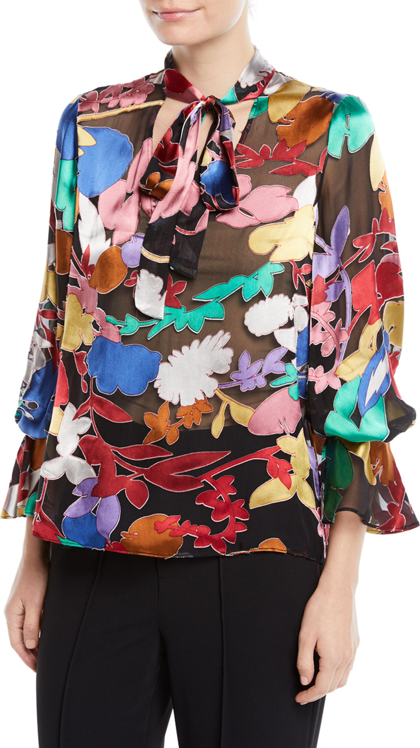 Alice + Olivia Mora Tie-Neck Floral Blouson-Sleeve Blouse