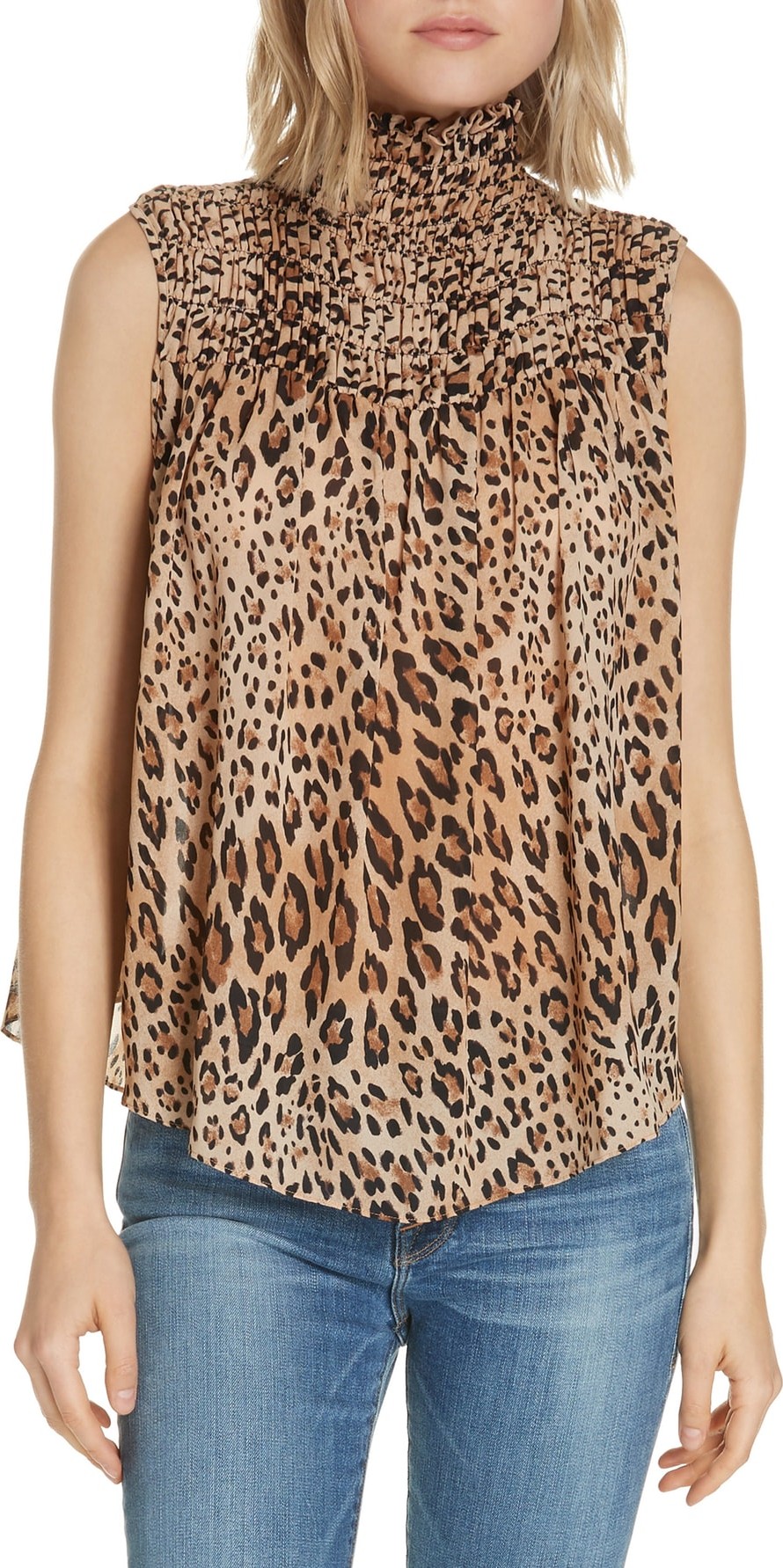 FRAME DENIM Leopard Print Smocked Silk Blouse