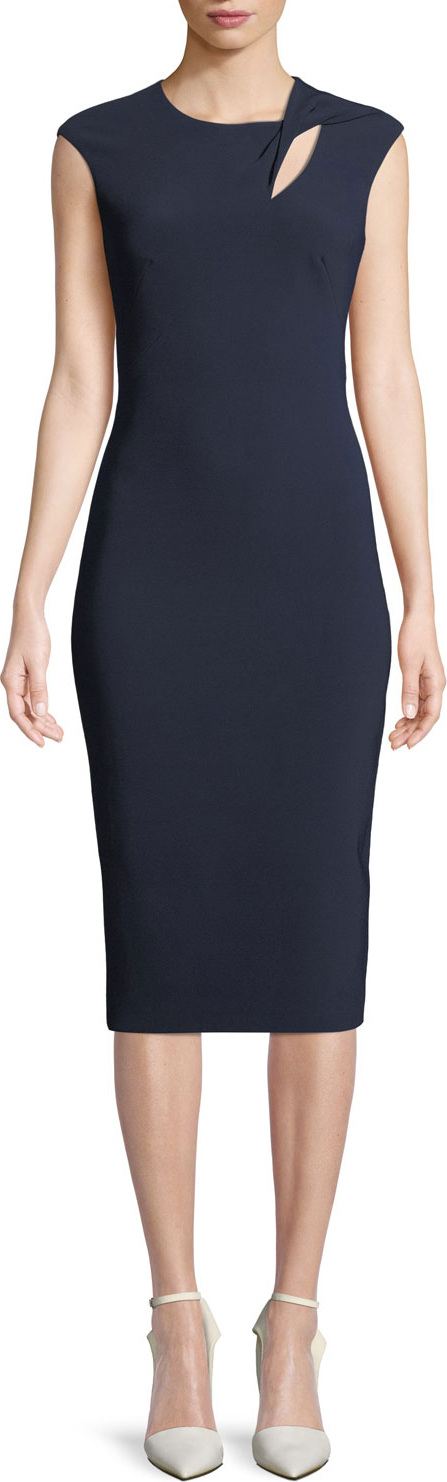 Theia Cap-Sleeve Crepe Cocktail Sheath Dress w/ Asymmetric Keyhole