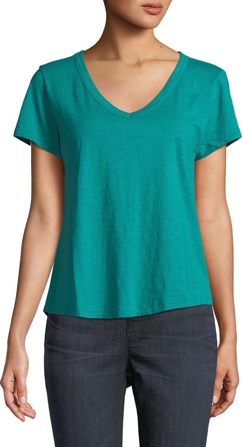 Eileen Fisher Short-Sleeve Organic Cotton V-Neck Shirttail Tee