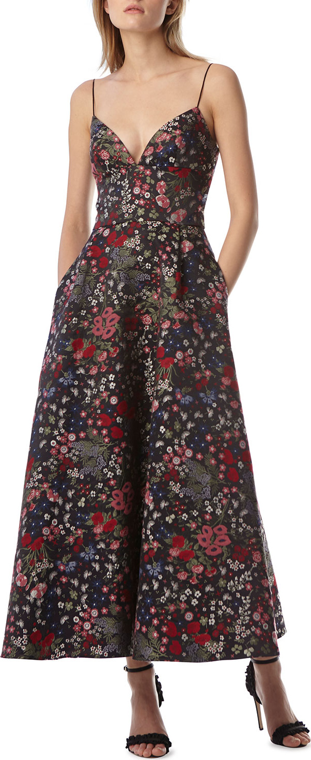 ML Monique Lhuillier Floral Jacquard Tea-Length Dress w/ Pockets