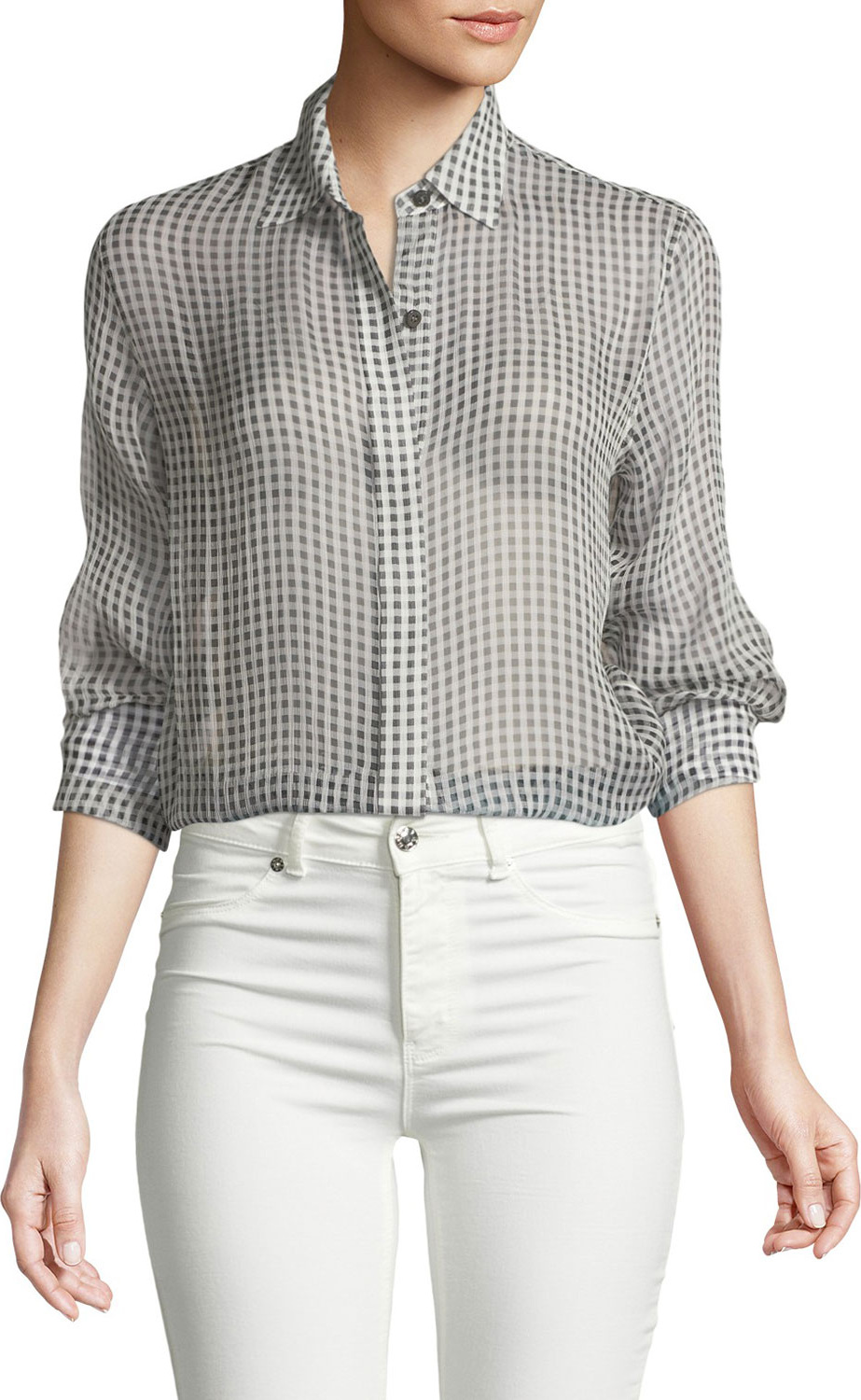 Theory Gingham Essential Silk Button-Down Top