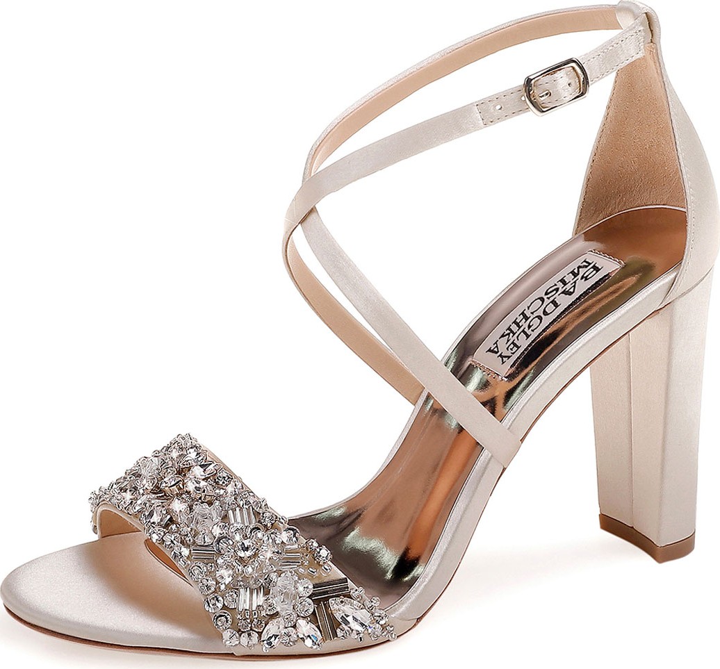 Badgley Mischka Sandra Embellished Satin Cross-Strap Sandals