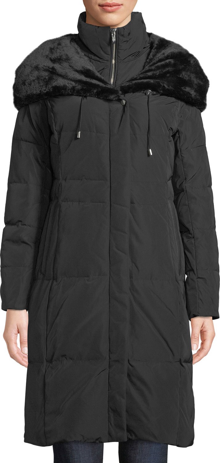 Cole Haan Taffeta Parka Coat w/ Faux-Fur Hood
