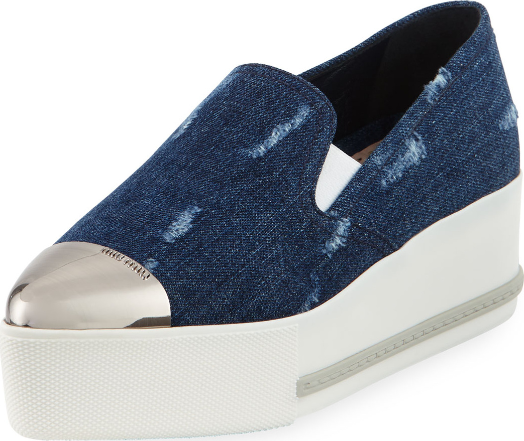 Miu Miu Distressed Denim Platform Sneakers