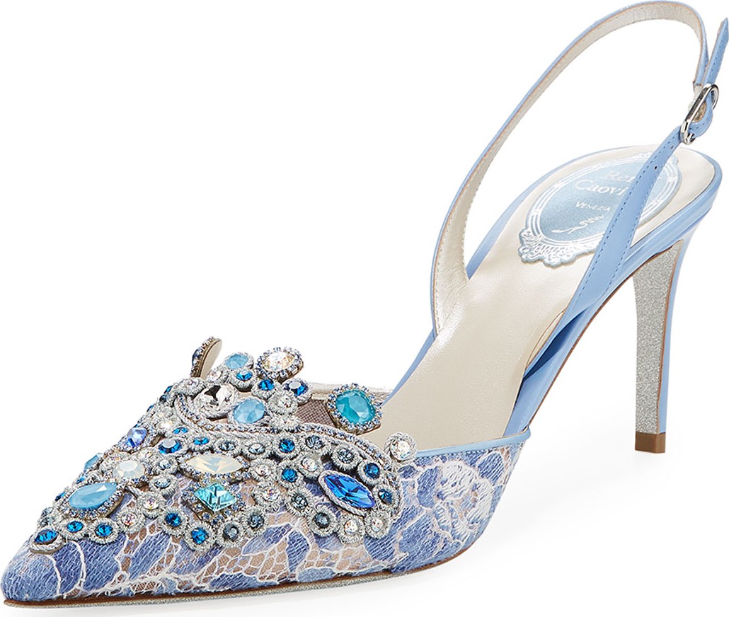Rene Caovilla Crystal-Beaded Lace/Leather Halter Pumps