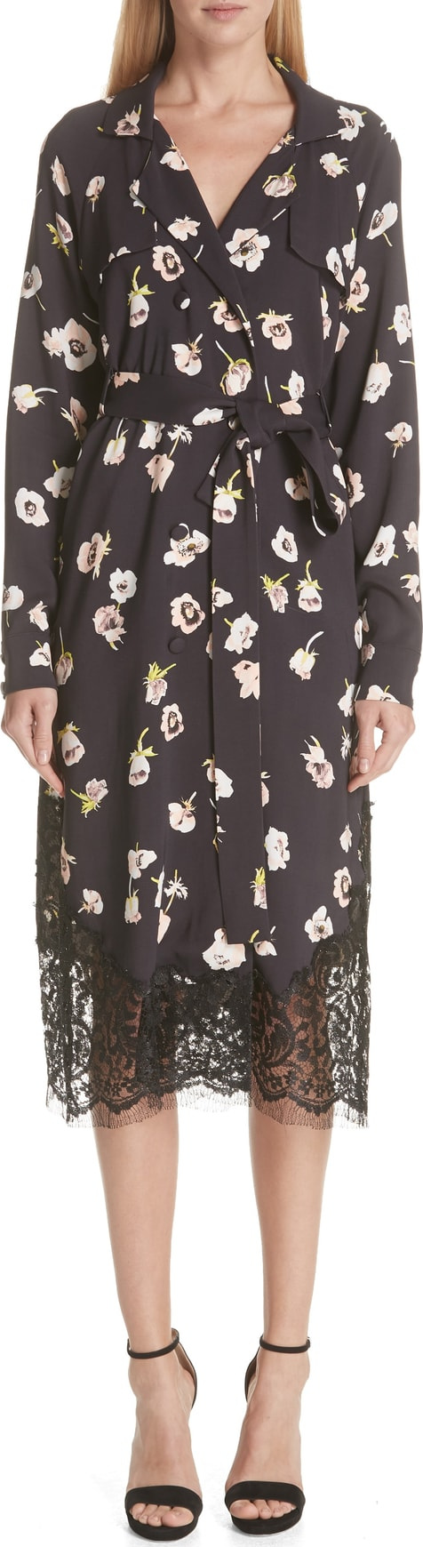 Lela Rose Floral Print Crepe Trench Coat