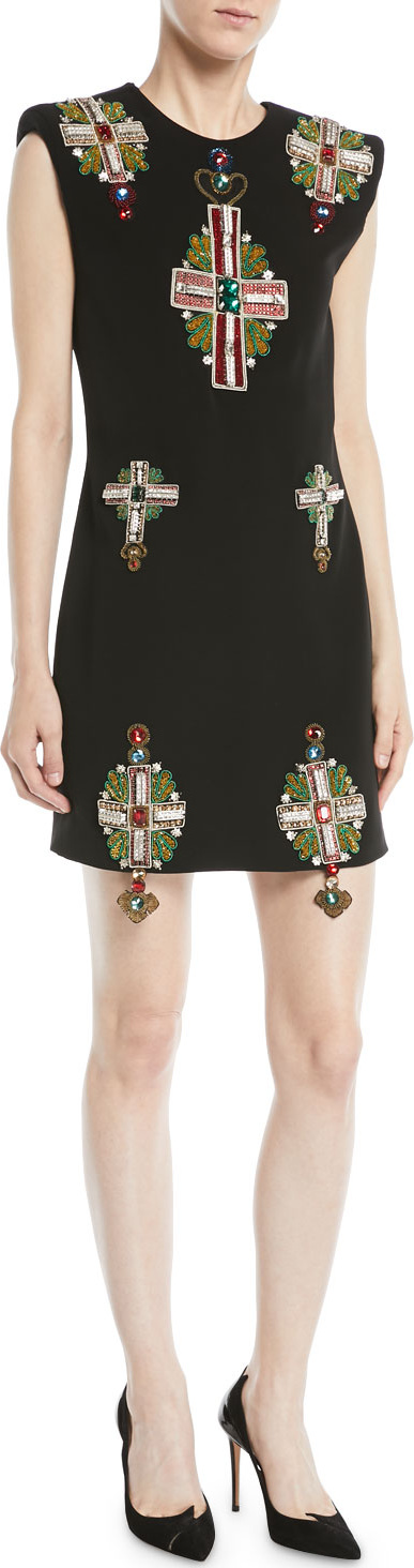 Versace Sleeveless Padded-Shoulder Cross-Embellished Mini Silk Cocktail Dress Versace Sleeveless Padded-Shoulder Cross-Embellished Mini Silk Cocktail Dress