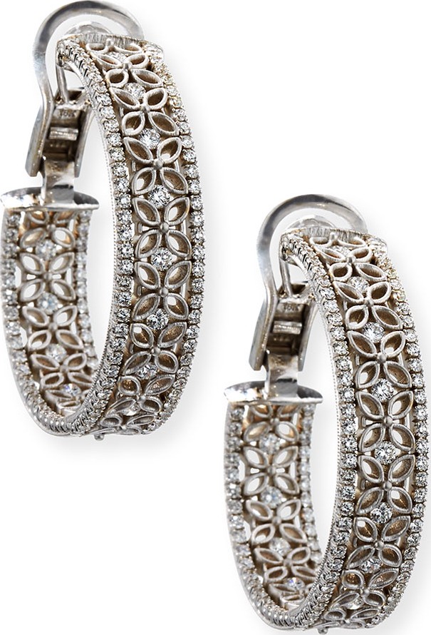 Jack Kelege & Company 18K White Gold Filigree Hoop Earrings with Diamonds