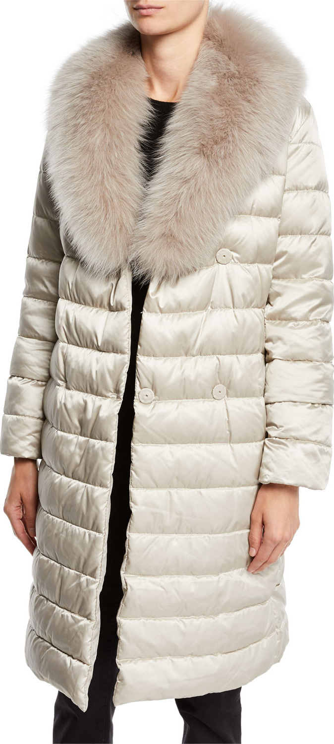 Max Mara Novedop Satin Down Jacket w/ Fur Accessories