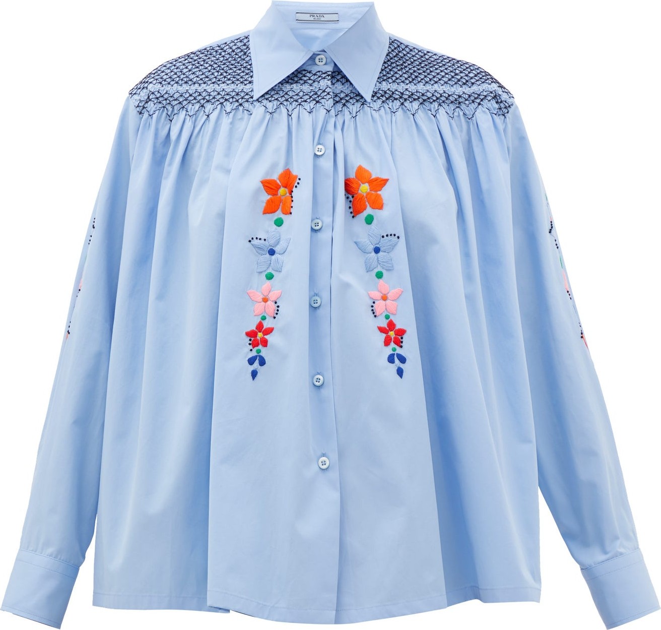 Prada Floral-embroidered smocked cotton blouse