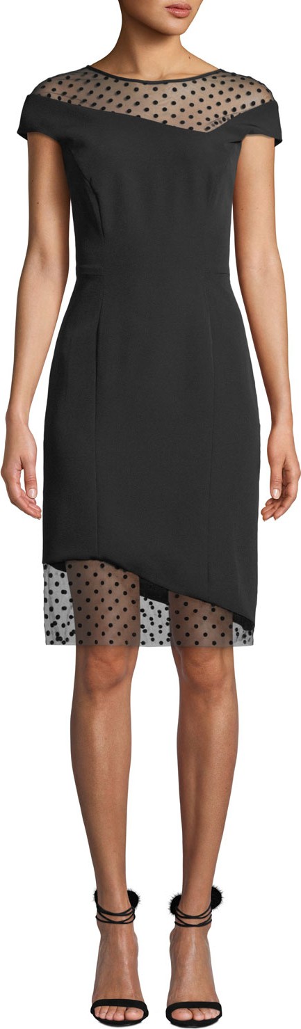 MILLY Lillian Italian Cady Sheath Dress with Sheer Point d'Esprit Insets