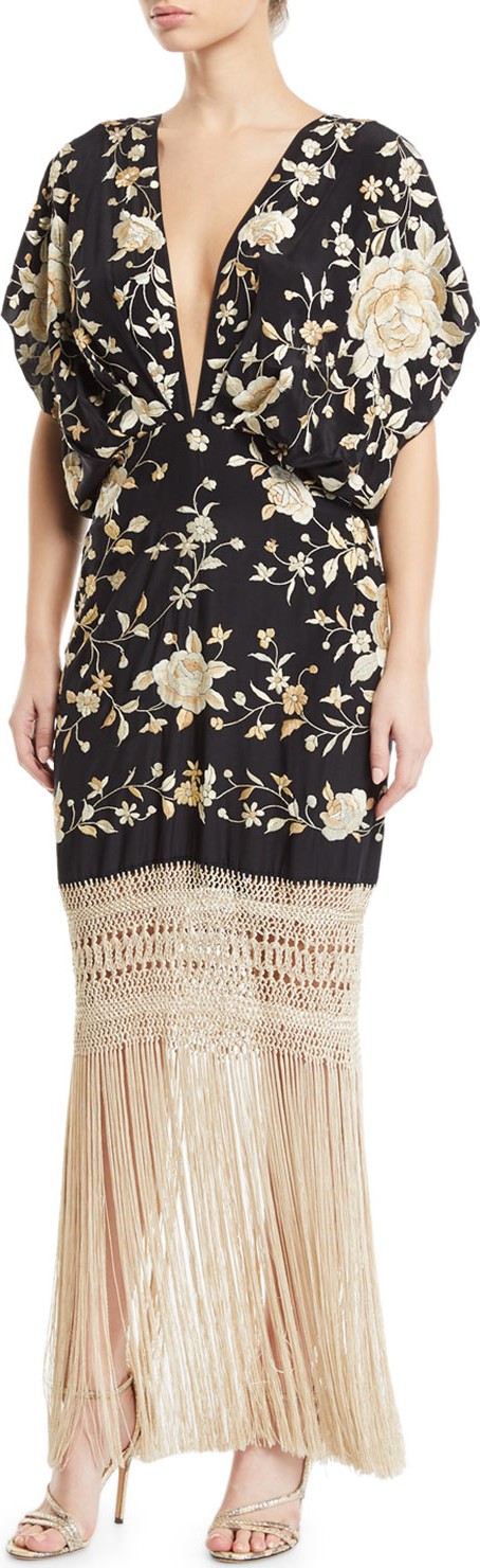 Johanna Ortiz V-Neck Floral Embroidered Fringe-Hem Dress