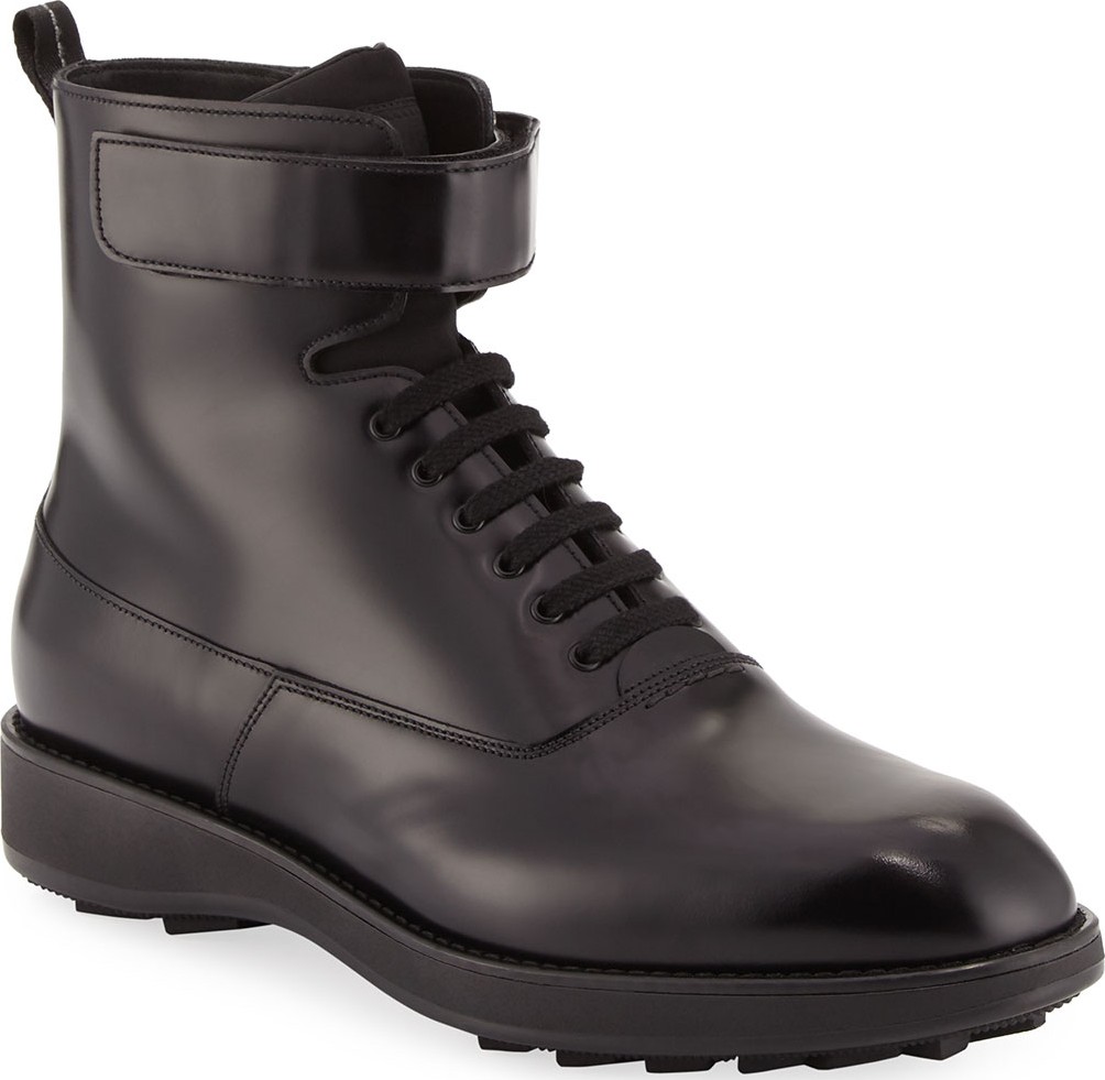 Prada Leather Lace-Up Combat Boot, Black
