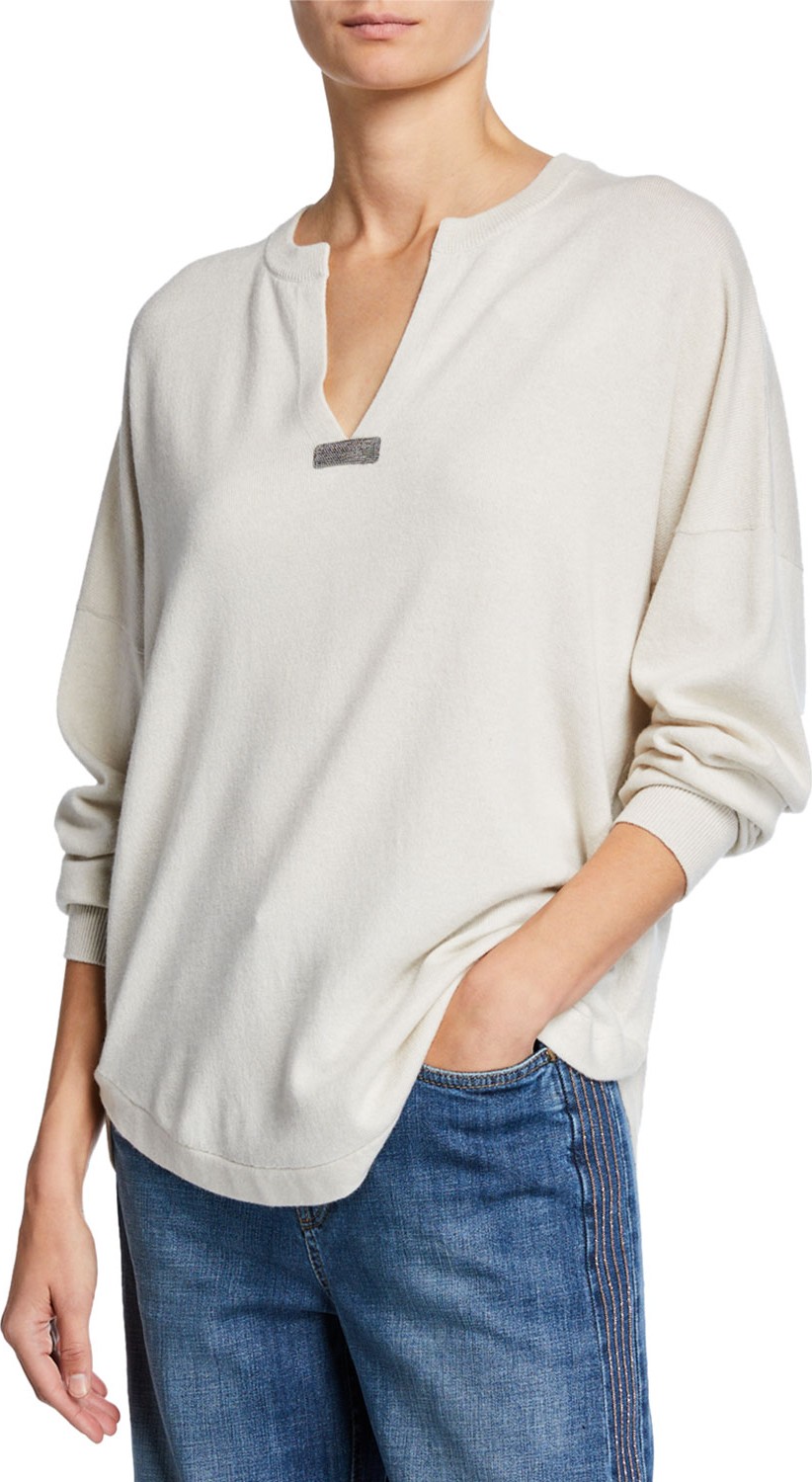Brunello Cucinelli Split-Neck Cashmere Sweater with Monili Bar