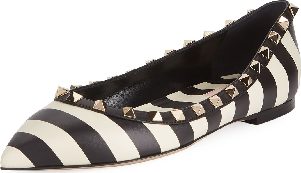 Valentino V.Stripes Rockstud Point-Toe Leather Ballet Flat