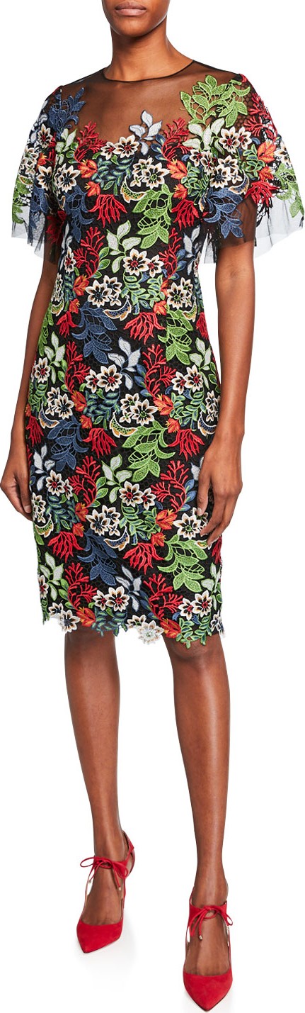 Rickie Freeman for Teri Jon Floral Lace Flounce-Sleeve Sheath Dress w/ Tulle Yoke