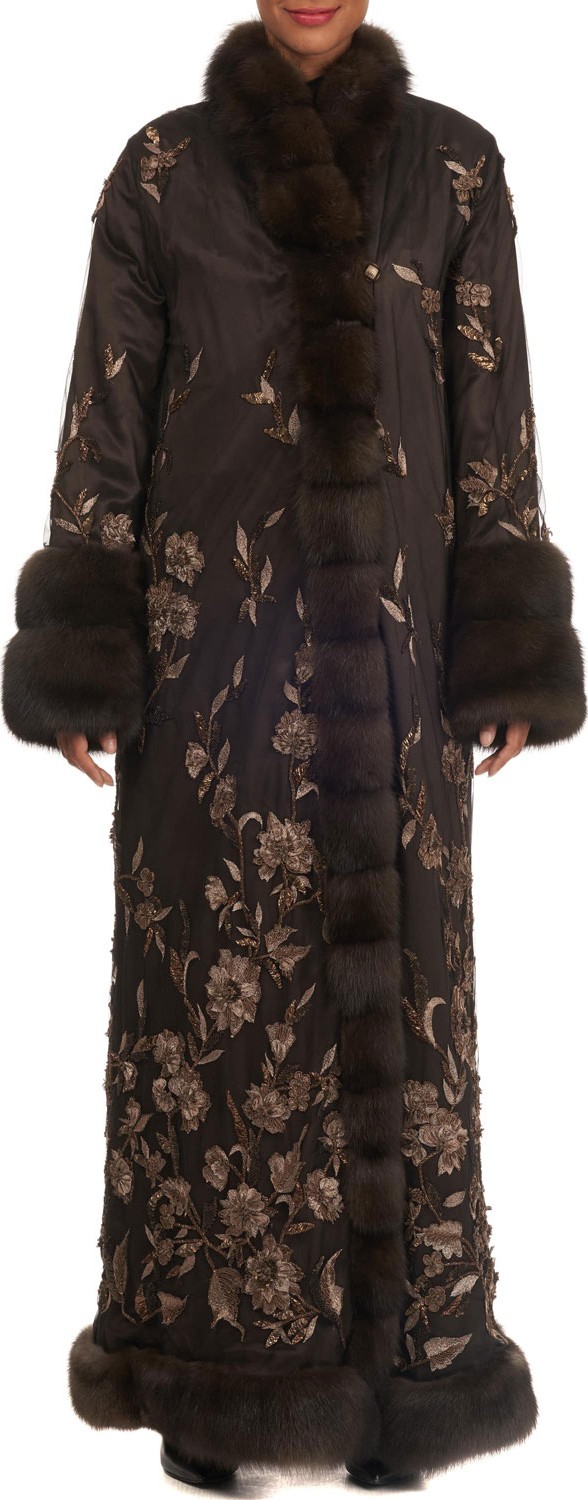 Pajaro Embroidered Silk Coat with Sable Fur Trim