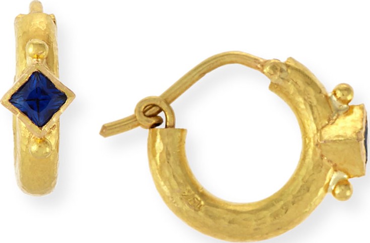 Elizabeth Locke 19K Baby Hammered Hoop Earrings with Blue Sapphires
