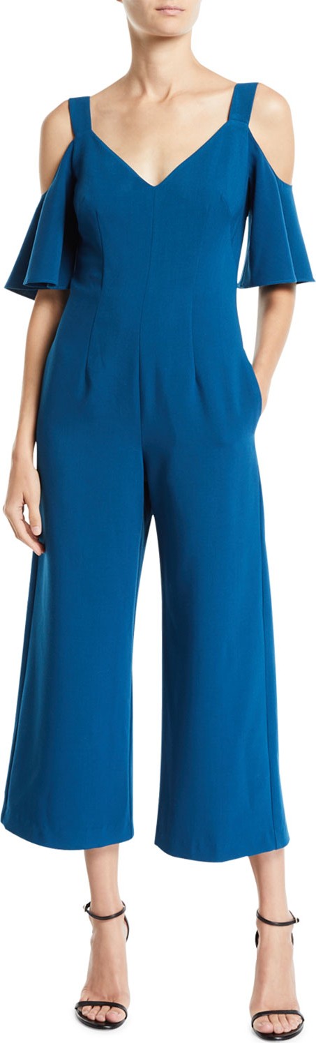 Black Halo Monaco V-Neck Cold-Shoulder Wide-Leg Cropped Jumpsuit