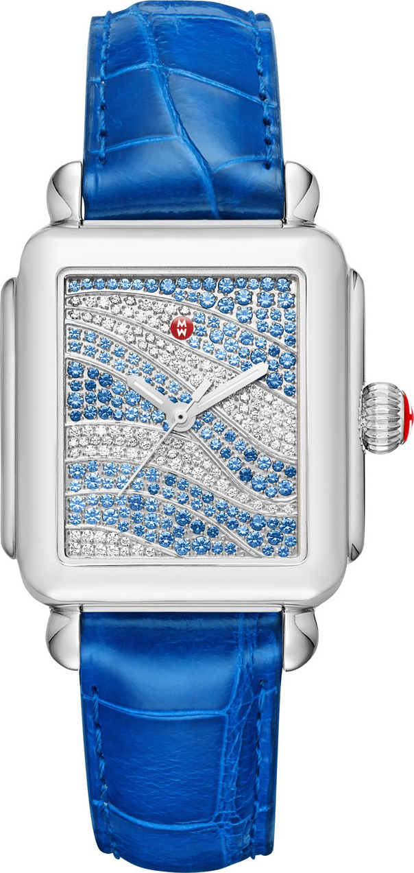 MICHELE Deco 18 Sapphire & Diamond Watch with Blue Alligator Strap