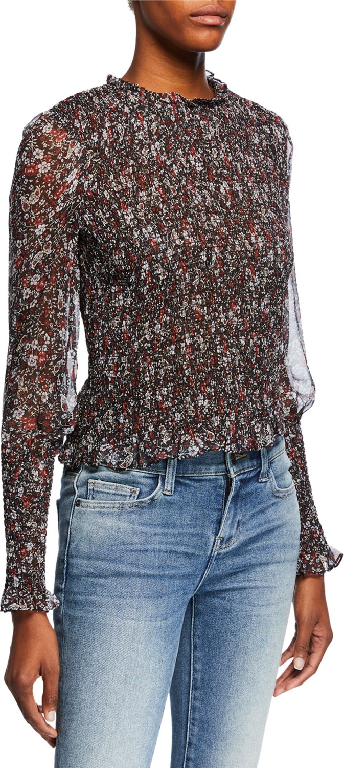 Veronica Beard Faire Crewneck Bishop-Sleeve Smocked Floral-Print Top