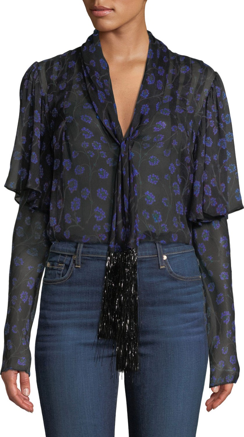 DIANE von FURSTENBERG Margie Floral Tie-Neck Silk Top with Tinsel Fringe
