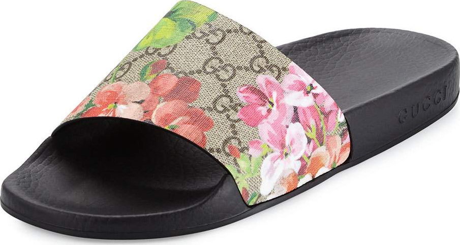 Gucci GG Blooms Supreme Slide Sandals, Ebony/Multi