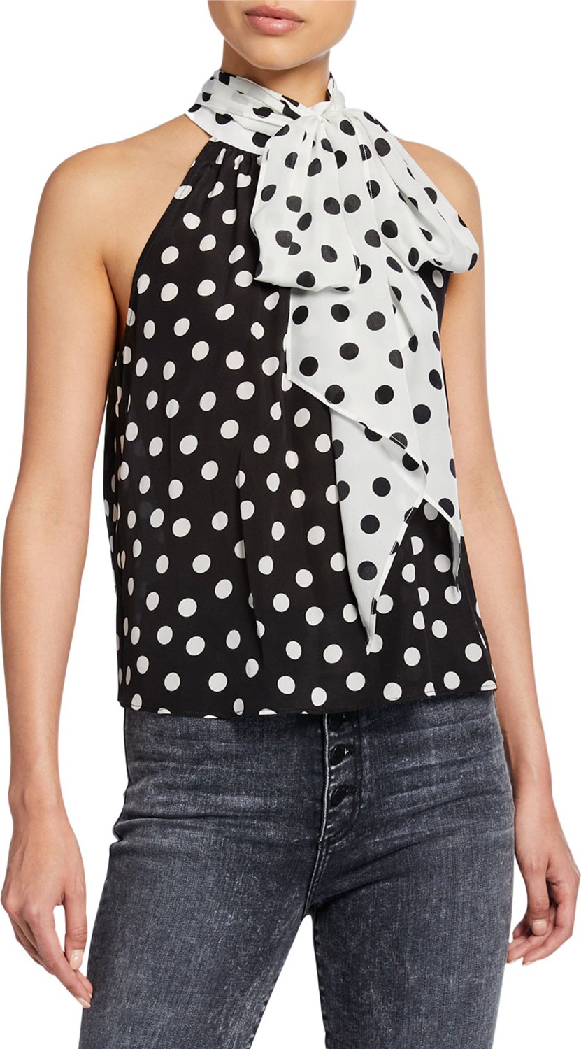 Alice + Olivia Liana Polka-Dot Bow-Neck Sleeveless Top