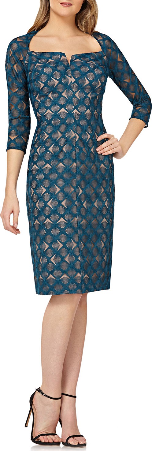 Kay Unger Geometric Lace Dress w/ Portrait Collar