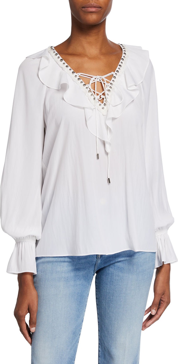 Ramy Brook Scarlet Studded Ruffle Long-Sleeve Top