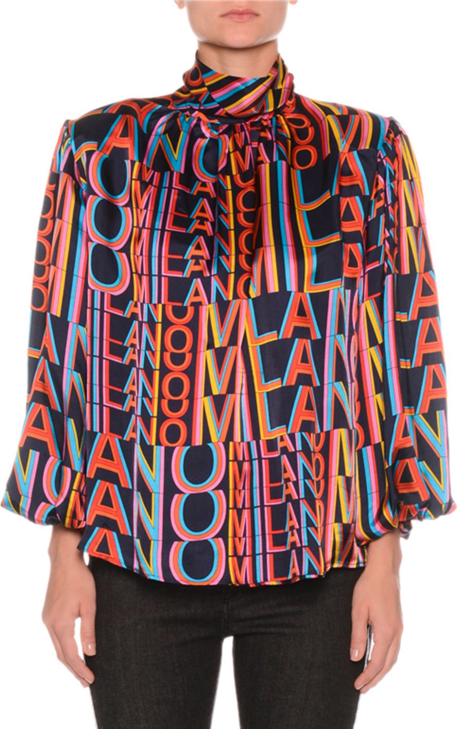 MSGM Printed Satin Boxy High-Neck Blouse with Removable Shoulder Pads