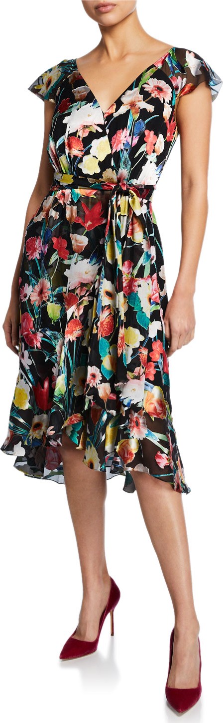 Elie Tahari Ryder Floral-Print V-Neck Cap-Sleeve Dress