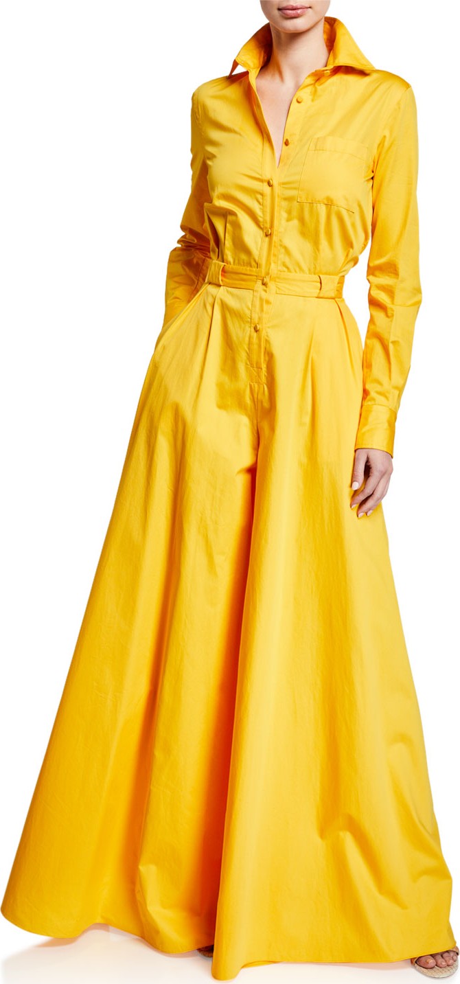 Brandon Maxwell Long-Sleeve Button-Front Wide Leg Jumpsuit