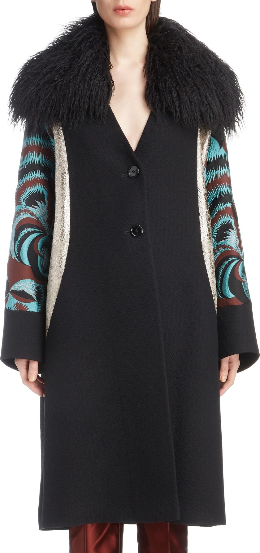 Dries Van Noten Mixed Print Coat with Removable Faux Fur Collar