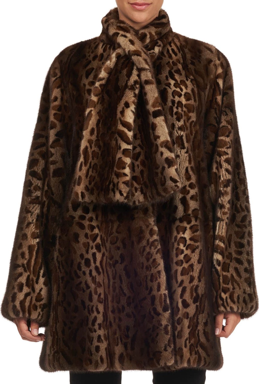 Oscar De La Renta Tie-Neck Leopard Print Mink Stroller Jacket