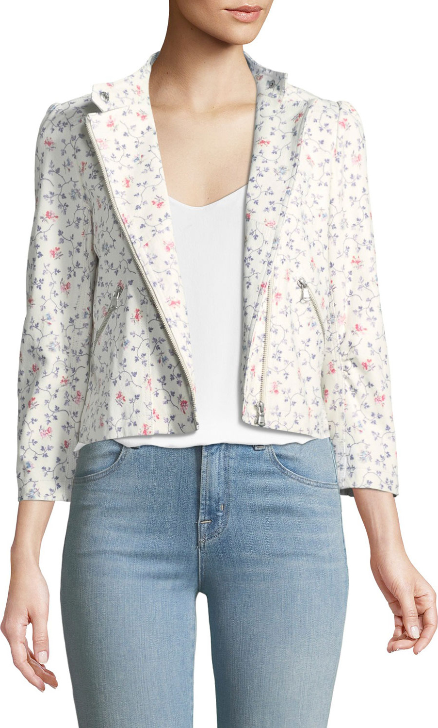 Rebecca Taylor Vine Floral-Print Leather Moto Jacket